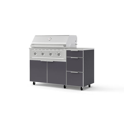 Îlot de cuisine extérieur en aluminium gris ardoise, composé de 4 éléments avec roulettes et 3 tiroirs, comprenant un meuble pour barbecue, un barbecue haute performance au propane de 101,6 cm (40 po) et un plateau en acier inoxydable de 40,6 cm (16 po).