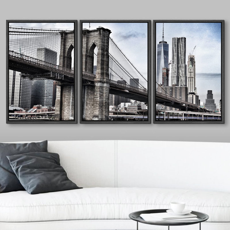 Brooklyn Bridge in Vintage Gray New York City Buildings Modern Contemporary Home Art Framed, Black Floater Framed