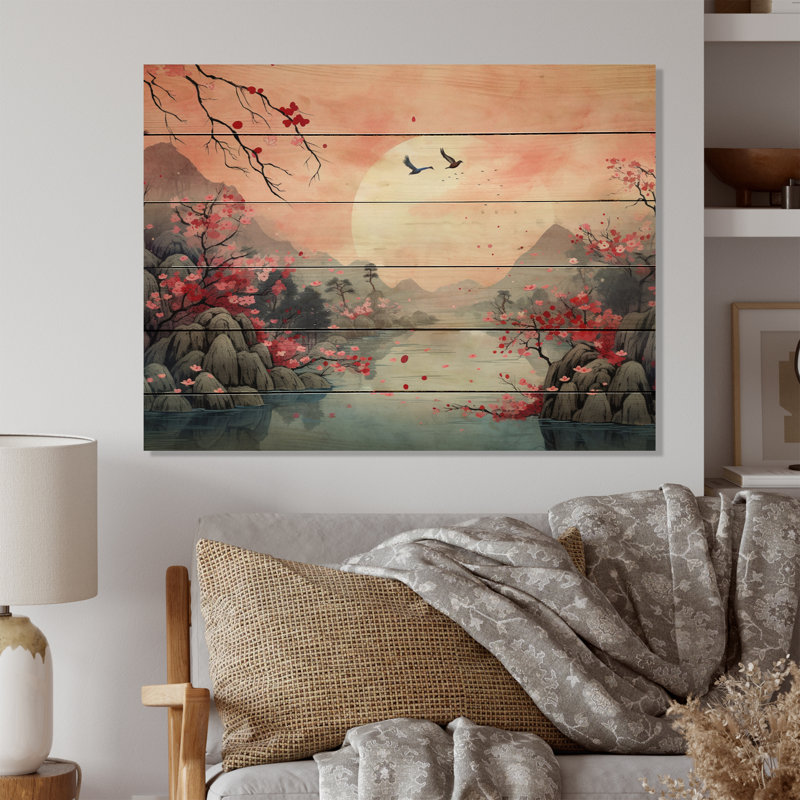 Paysage japonais du soleil levant IV sur bois, H 24 po x l 32 po x P 0,78 po
