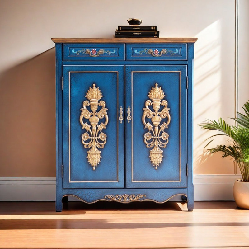 American Vintage Painted Shoe Cabinet 20 Pair Shoe Storage Cabinet, Blue