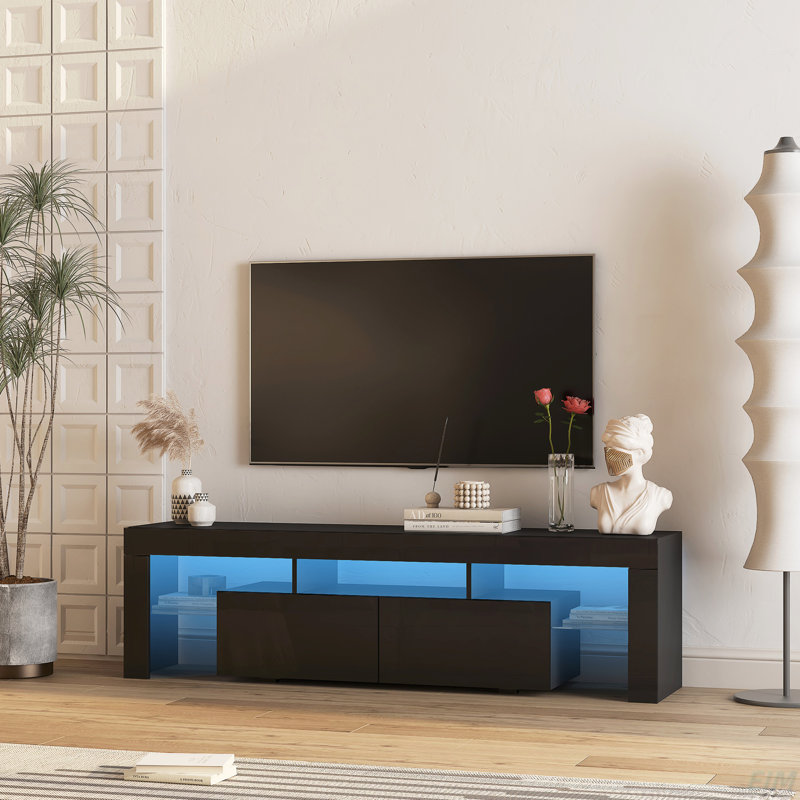 High Gloss TV Stand With LED Lights For Tvs Up To 65'', Modern TV Console With Storage Cabinets For Living Room (TV Stand)
