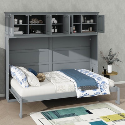 Wall-Mounted, Queen Size Foldable Murphy Bed With Overhead Cabinets, Hidden Platform Design