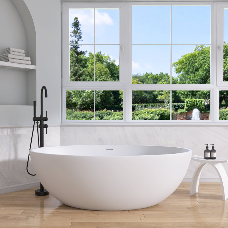 67" x 39" Freestanding  Solid Surface Stone Resin Soaking Bathtub, White