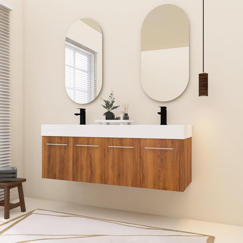 Meuble-lavabo mural 60 po avec lavabo double en résine à rebords épais et portes à fermeture en douceur, Brun / Argenté