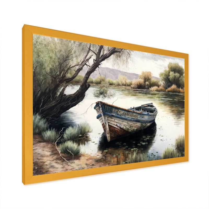 Bateau de pêche dans la rivière - Bateau, art mural, Cadre doré simple, L 20 po x H 12 po