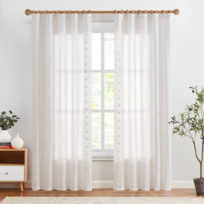 Semi Sheer Linen Blend French Floral Printed Rod Pocket Curtain Pair