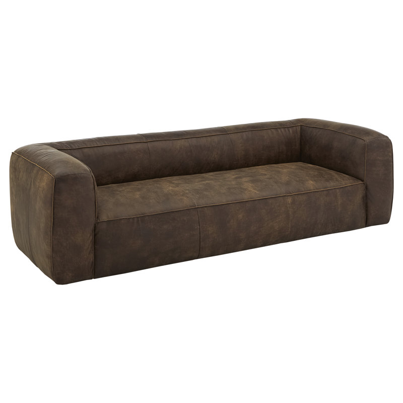 Dupo 94" Genuine Leather Tuxedo Arm Sofa, Brown Genuine Leather, Black