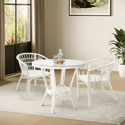 Indoor Rattan Wicker Dining Set for 4, Denver Tropical Style Round Glass Top Table with 4 Nevada Chairs, Vintage Bohemian Kitchen Furniture, White Color