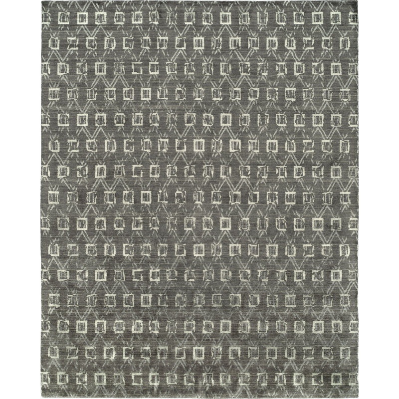 Tapis décoratif gris tissé à la main à motif géométrique, 8 pi x 10 pi