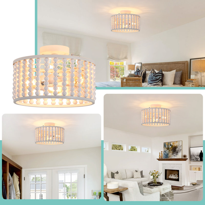 Boho Wood Bead Flush Mount Ceiling Light, 13" Diameter, white, 3-light E26, White