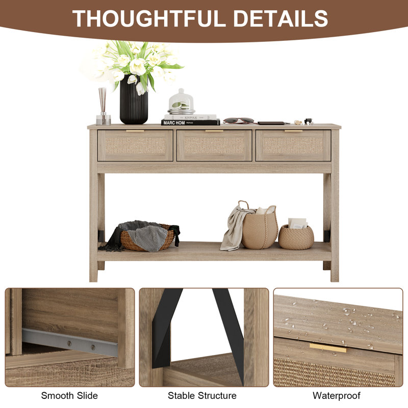 Natural Wood Console Table with Sisal Drawers and Open Shelf