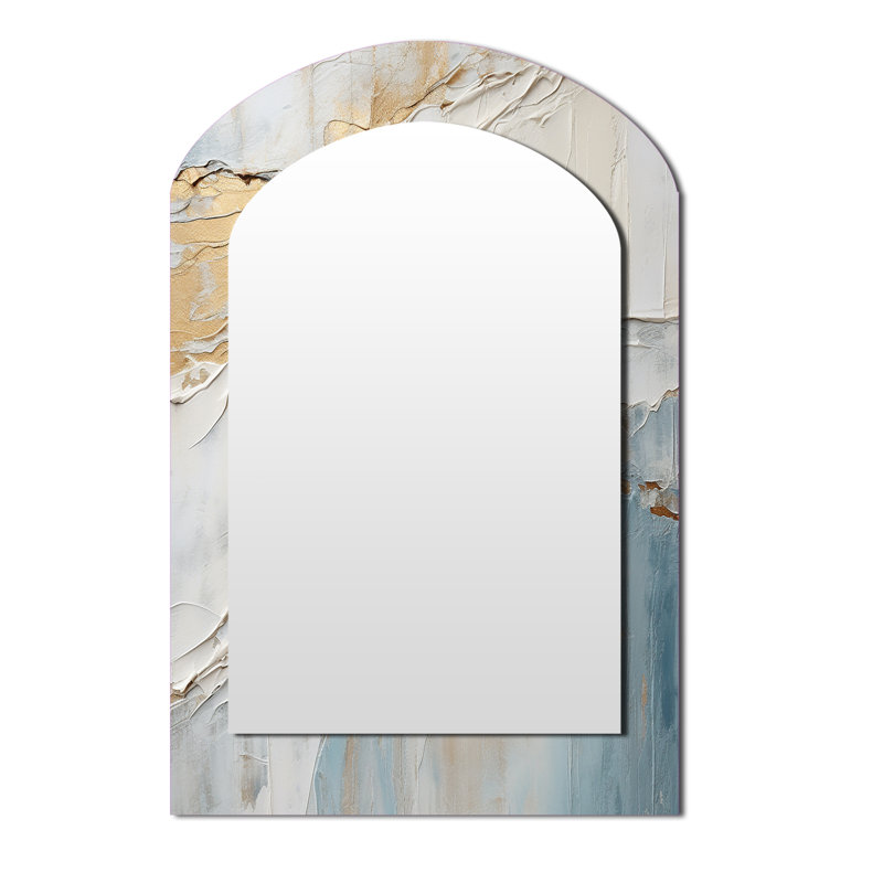 Minimalism Beige And Grey Wave Horizon II - Coastal Irregular Shape Unique Wall Mirror, Beige Asymmetrical Mirror, Printed Metal Art