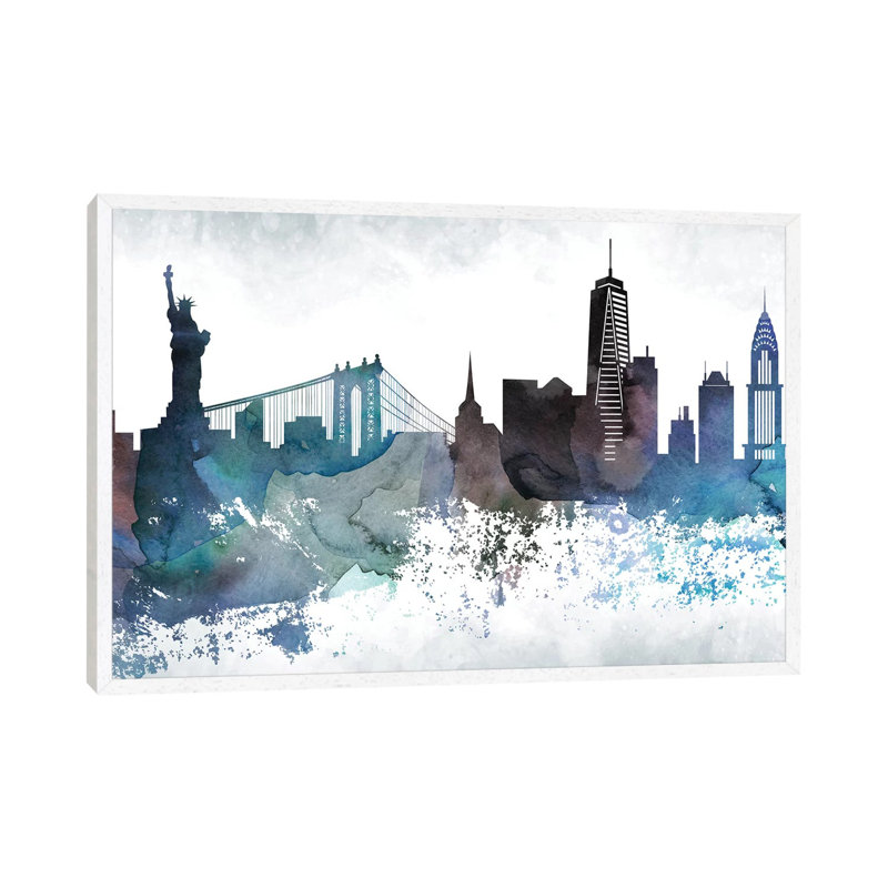 New York Bluish Skylines - Print on Canvas, 66.04 cm H x 45.72 cm W, White Framed