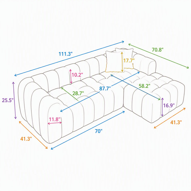 Canapé d'angle modulaire capitonné de 111,3 po, canapé nuage en forme de L avec tissu bouclé effet peluche et coussins, canapé à compression sans armature, blanc