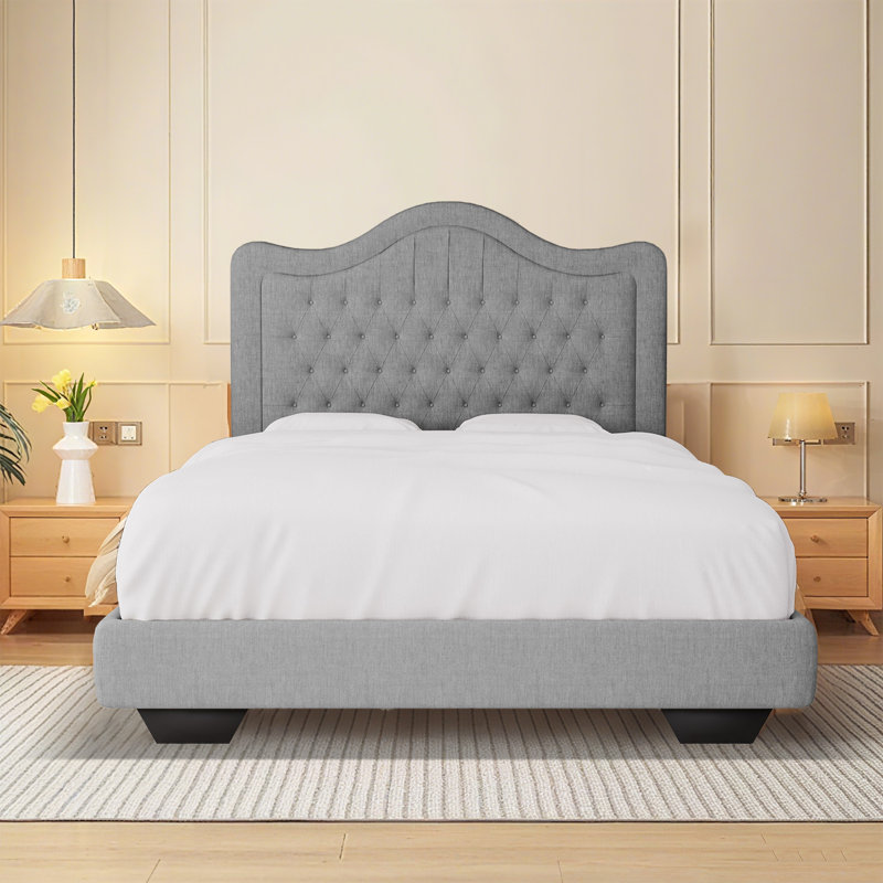 Structure de lit rembourrée en tissu avec tête de lit réglable, support à lattes de bois, lit plateforme capitonné, Gris