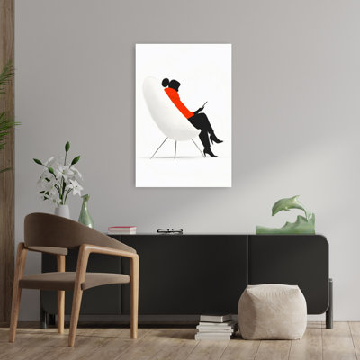 Élégante femme, chaise moderne, architecture minimaliste moderne, art mural