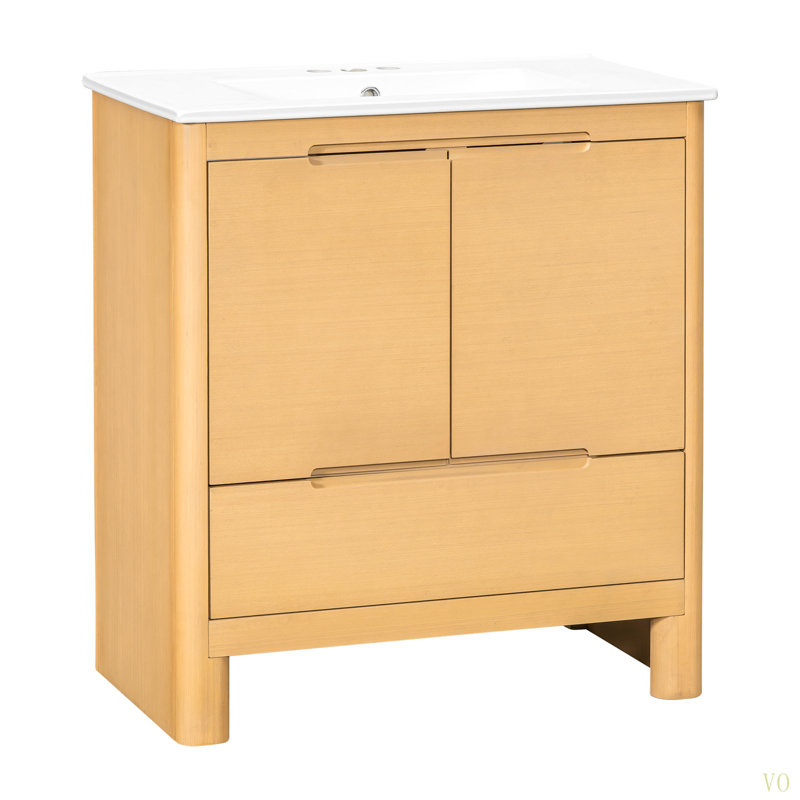 Meuble-lavabo moderne adouci de 30 po avec grain de bois en céramique, cadre en bois massif, portes et tiroir à fermeture en douceur, tablette réglable, ensemble tout-en-un