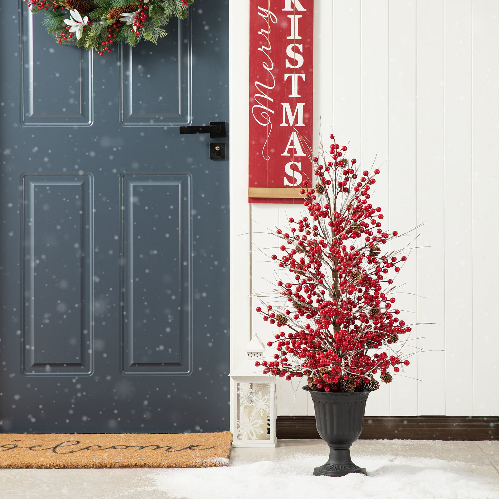 36"H Christmas Lighted Berry Porch Tree with Lights and Timer