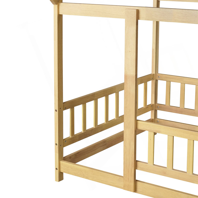 Lit en bois pour lit simple avec structure de toit, garde-corps de sécurité, Naturel, Lit simple