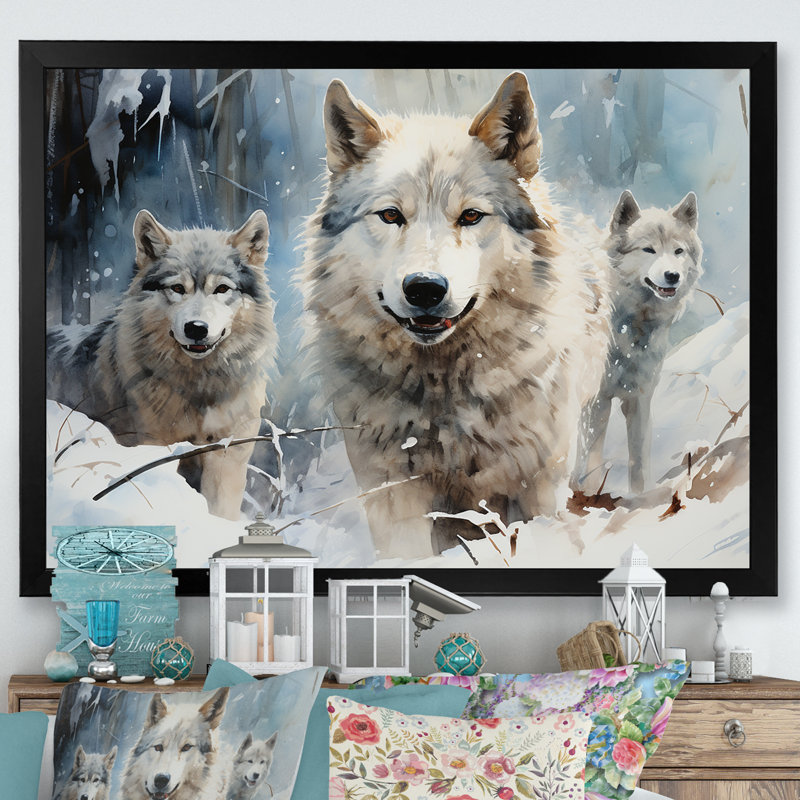 Snow Wolves in winter III - Wolf Wall Art, Black Closed Corner Framed, 24" H x 32" W x 1" D
