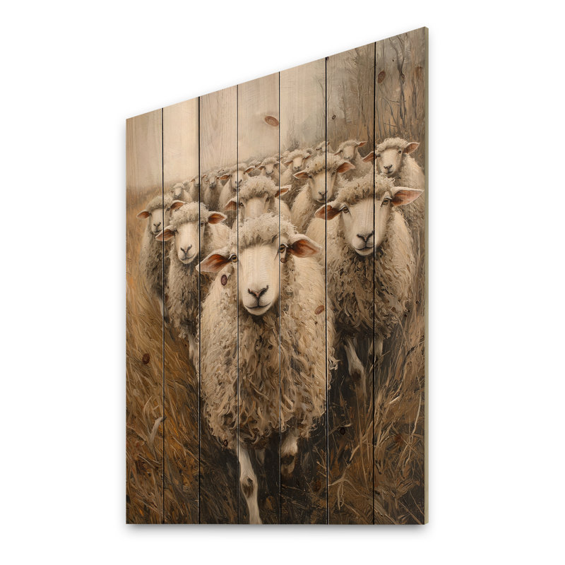 Minimalisme mouton Woolly Wanderers I - décoration murale en bois de mouton - sur bois de pin naturel