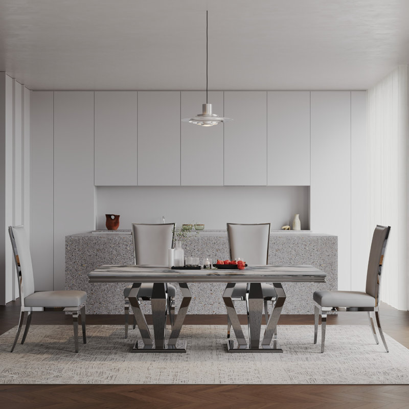 Table de salle à manger 78 "avec base en miroir en métal , Argent, Argent