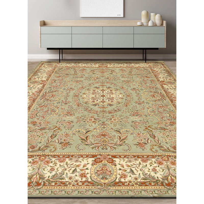 Hand Knotted Wool Oriental Area Rug in Green And Cream