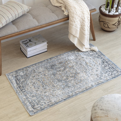 Machine Washable Traditional Boho Navy Blue Area Rug
