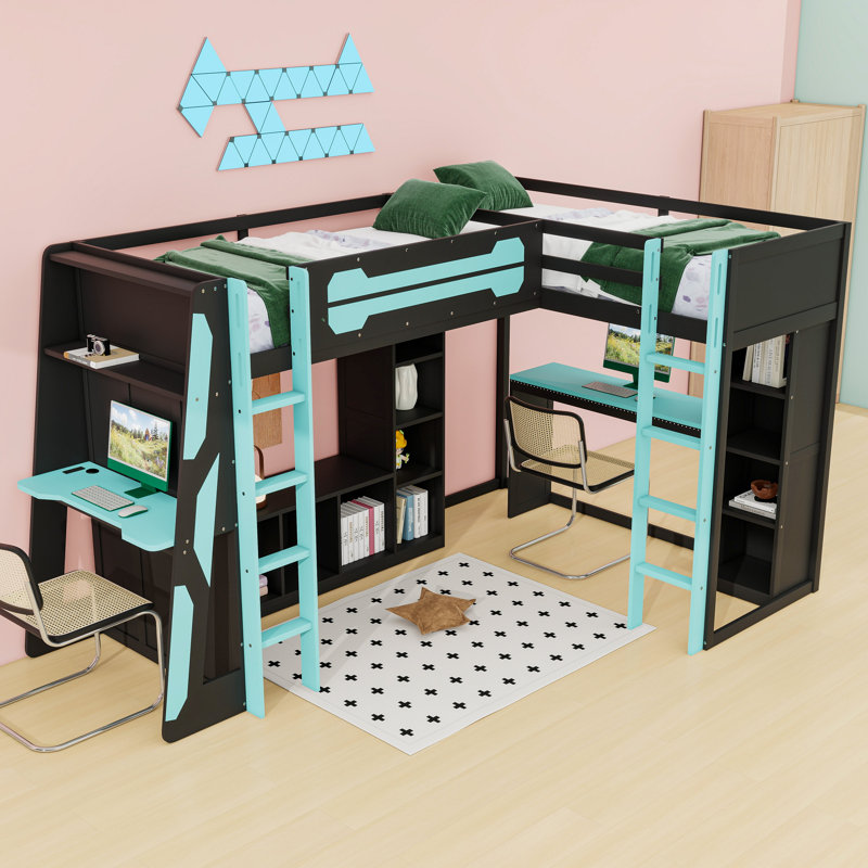 Twin and Twin Wooden Loft Bed with TV Stand, LED Strips, Shelves, USB Ports and Desk, Blue