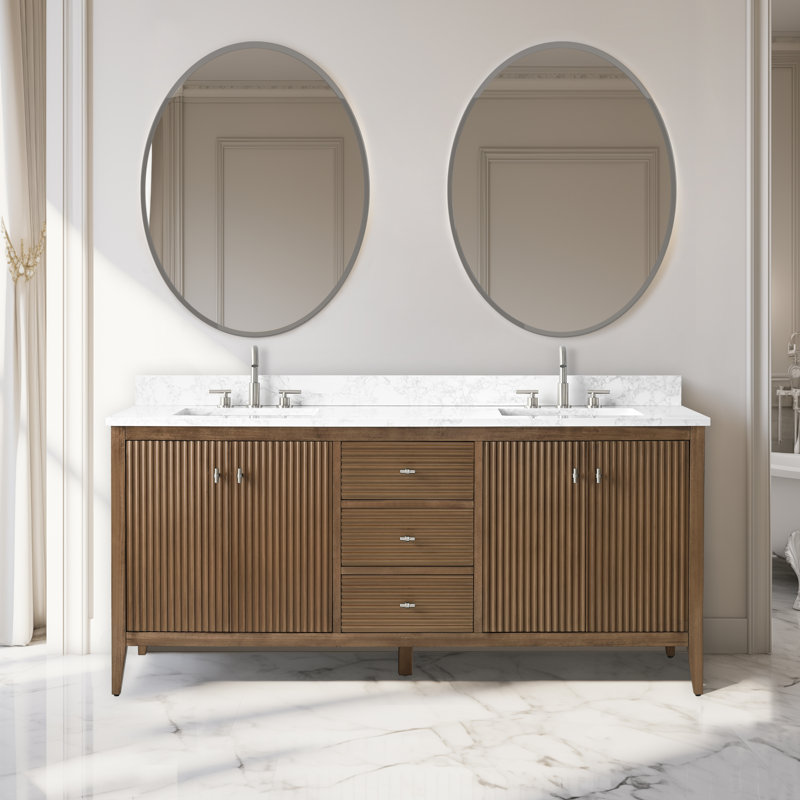 Laval 72" Double Sink Freestanding Bathroom Vanity with Engineered Marble Top, Linear Walnut, Brushed Nickel