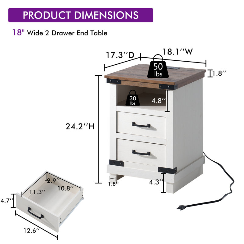 Farmhouse Nightstand Set with Charging Station Set of 2, White, White/Brown, 2