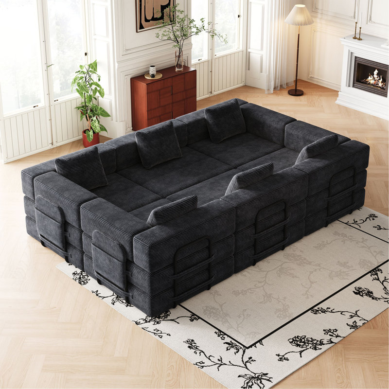 Canapé 6 places rembourré avec poches de rangement latérales et coussins pour le salon, Noir