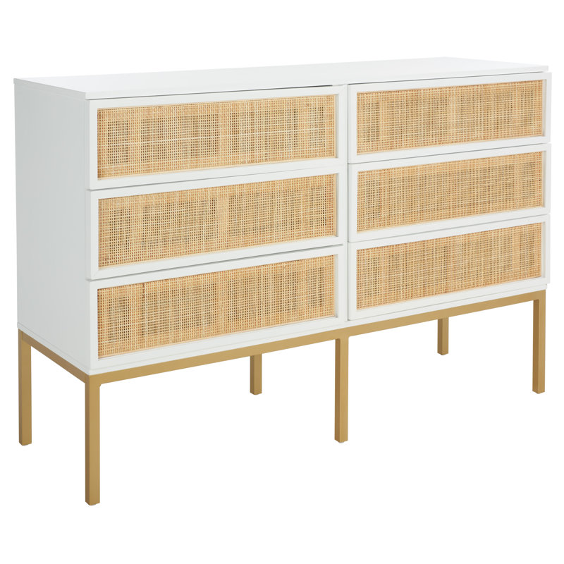 Commode 6 tiroirs Prudhoe, Or / blanc avec rotin naturel