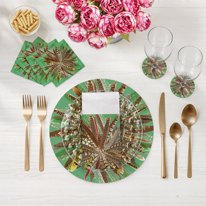 Pheasant Feathers Cotton Sateen Cocktail Napkins, Green