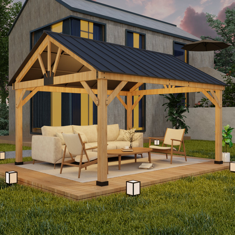13 x 15FT Cedar Wood Gazebo with Galvanized Steel Hardtop Roof, Outdoor Gazebo for Backyard, Garden, Patio, Deck
