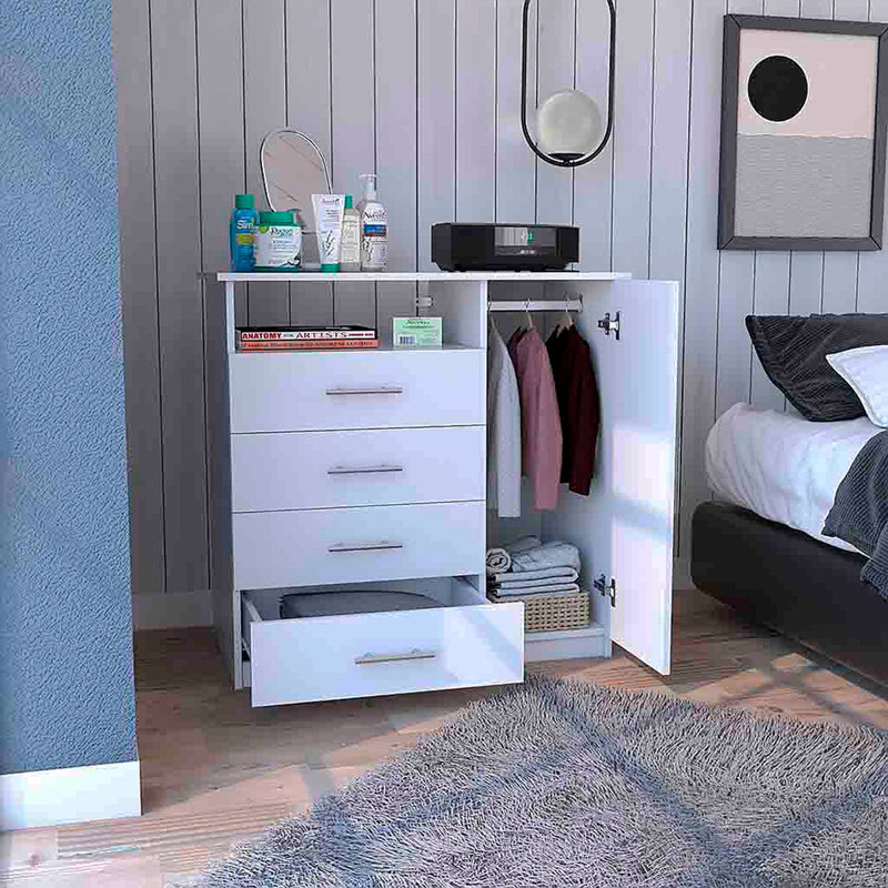 Commode 4 tiroirs, 1 tablette ouverte, plateau supérieur, armoire à une porte, blanc, Blanc