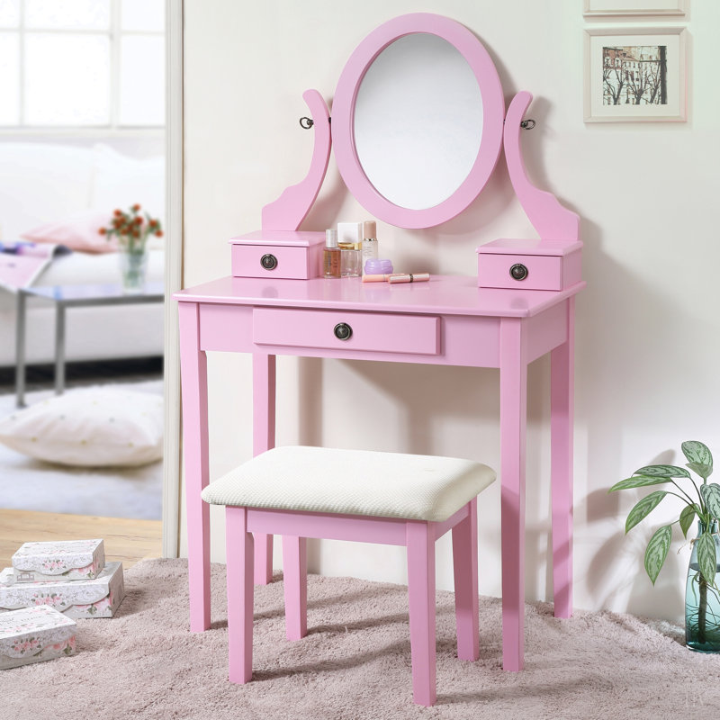 Ensemble coiffeuse et tabouret de maquillage, Rose