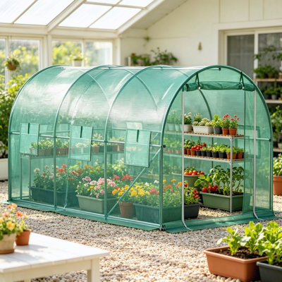 Walk-in Tunnel Greenhouse 12 × 7 × 7 ft, Portable Outdoor Plant Hot House with Galvanized Steel Hoops, Waterproof PE Cover, Zippered Door and 6 Roll-up Mesh Windows, Green