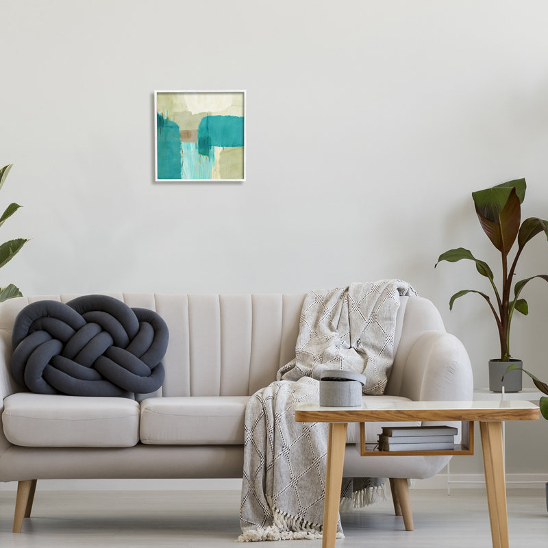 Coups de pinceau turquoise encadrés sur bois, H 12 po x l 12 po x P 1,5 po, Giclée encadrée blanc bord de mer