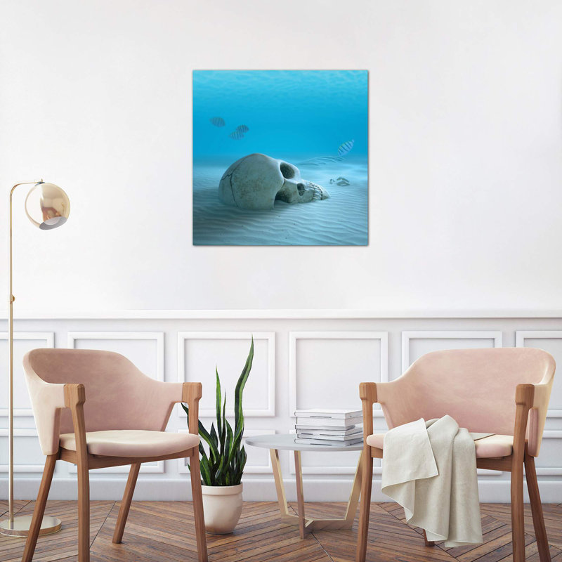 Skull On Sandy Ocean Bottom With Small Fish Cleaning Some Bones - Wrapped Canvas Print, 93.98 cm H x 93.98 cm W x 3.175 cm D