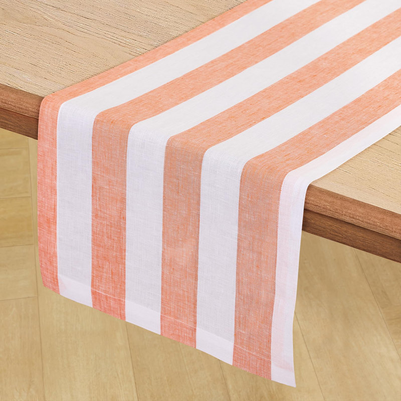 Cabana Stripe - 100% Pure Linen Table Runner, 48" x 14", Orange/White