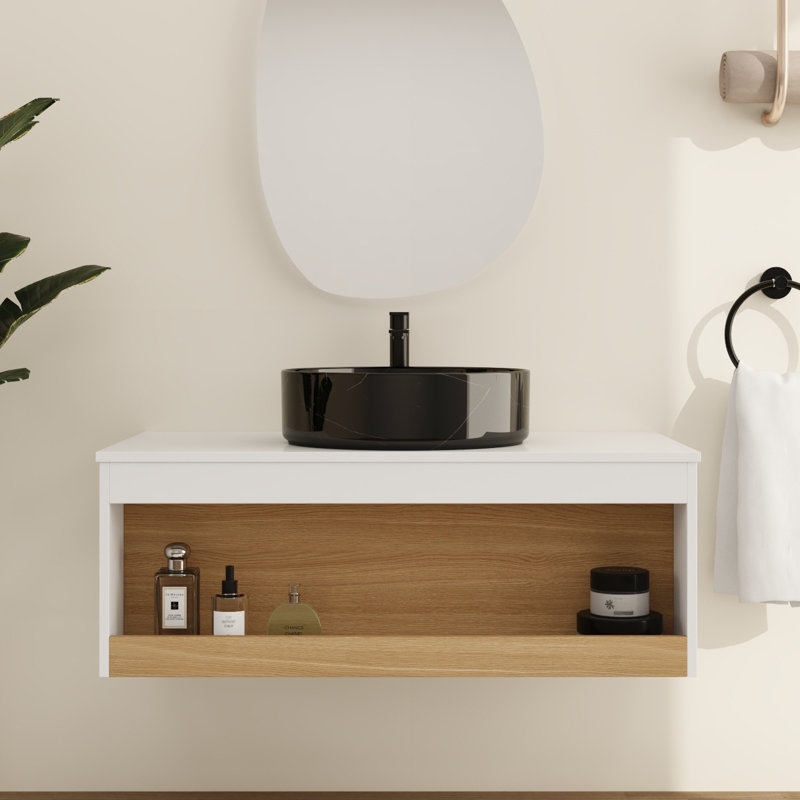 Meuble-lavabo mural moderne 36 po avec lavabo en céramique et tablette ouverte, Noir avec motifs blancs