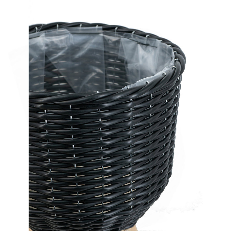 Set Of 3 Black Poly Rattan Baskets With Rope Texture And Tapered Wooden Legs/ L:12X12x23.5" M:10X10x17.5" S:8X8x13.5", Black