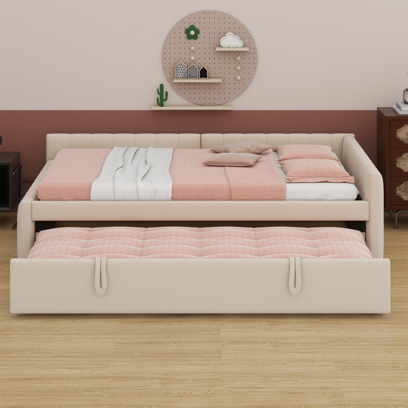 L-Shaped Upholstered Daybed With Pop Up Trundle, Beige