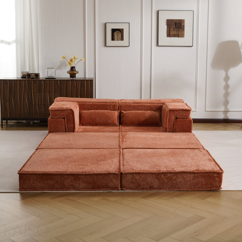 Canapé à compression, canapé-lit convertible au sol, canapé modulaire sans os Diy, aucun assemblage requis, tissu polaire circulaire, surdimensionné 2 places avec 1 repose-pieds, orange