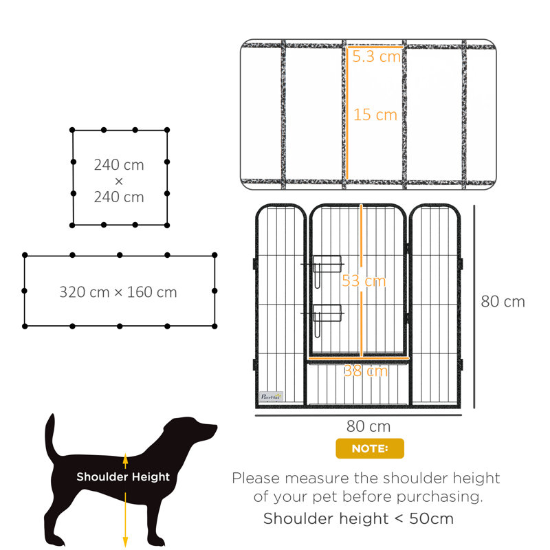 Panel Steel Pet Barrier With Door, 80cm H x 320cm W x 160 cm D