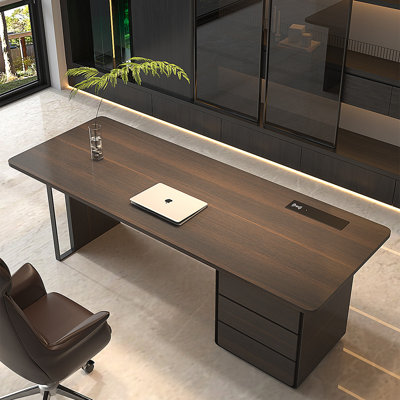 Bureau de luxe 102,36 po avec armoire à tiroirs et prises de courant intégrées sur table