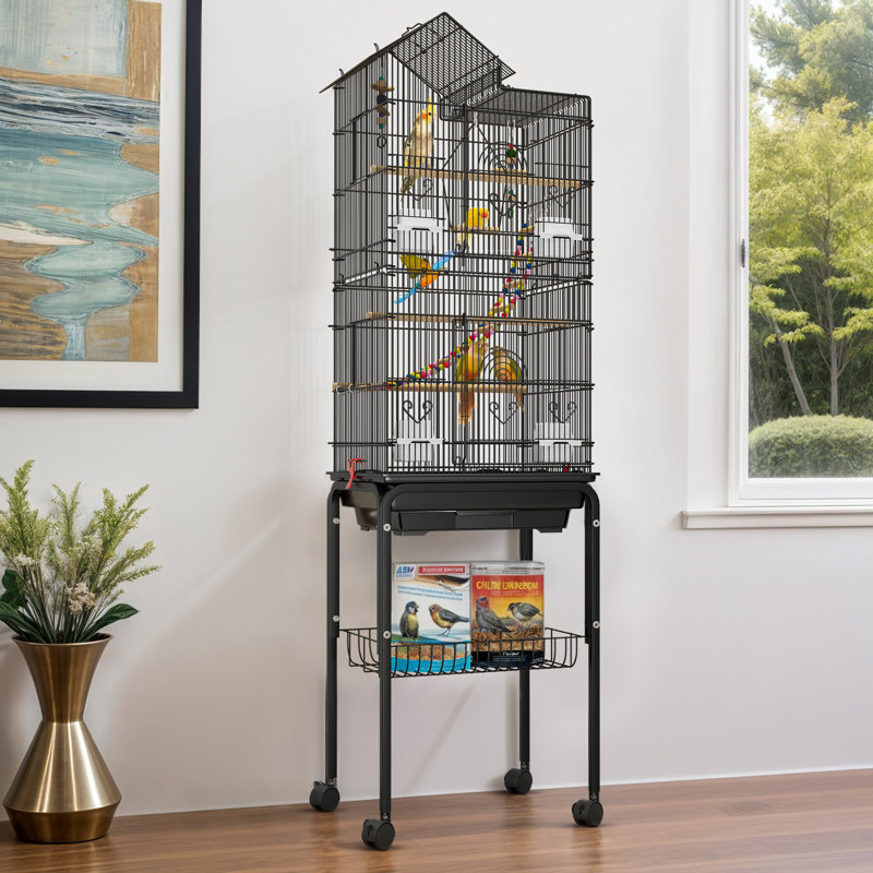 Large Black Metal Bird Cage with Rolling Stand and Toys