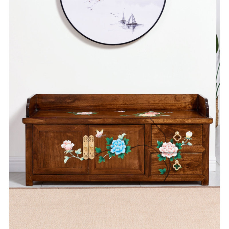 Banc de rangement en bois massif à motif de fleurs et d'oiseaux peint à la main