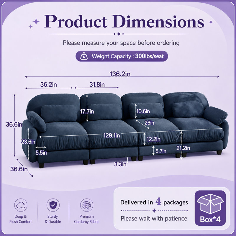 Canapé Gatton surdimensionné 4 places à effet nuage, canapé modulaire haut de gamme en chenille avec assise profonde et coussins en mousse haute résilience et ressorts, canapé de salon moderne avec coussins lombaires